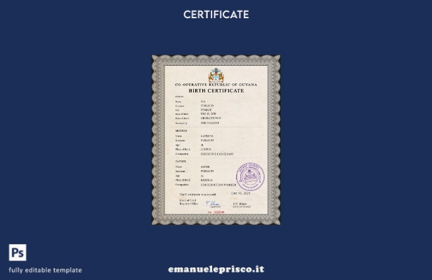 modello PSD del certificato di nascita dello stato civile della Guyana in stile 